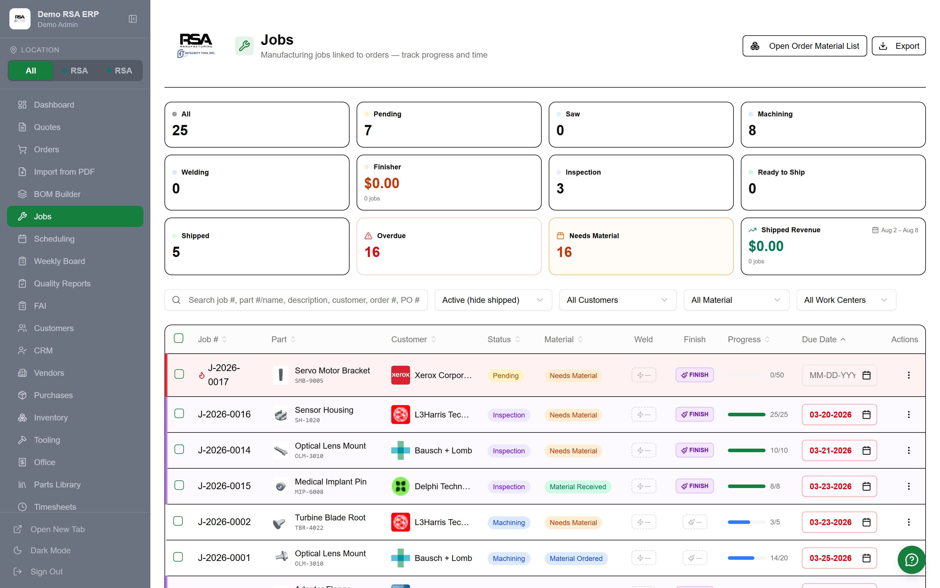Every job tracked — status, progress, material, and due date