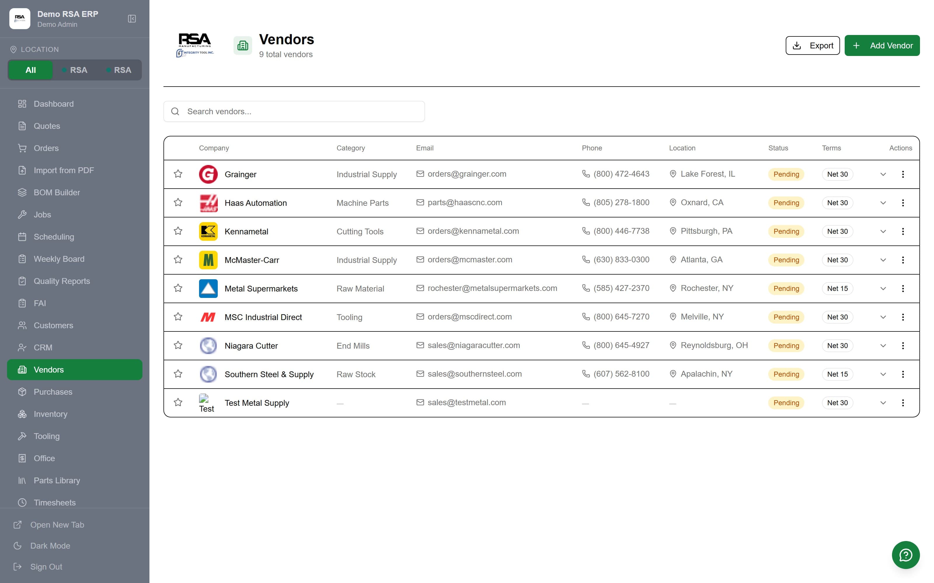 Vendor directory with contacts, terms, and history