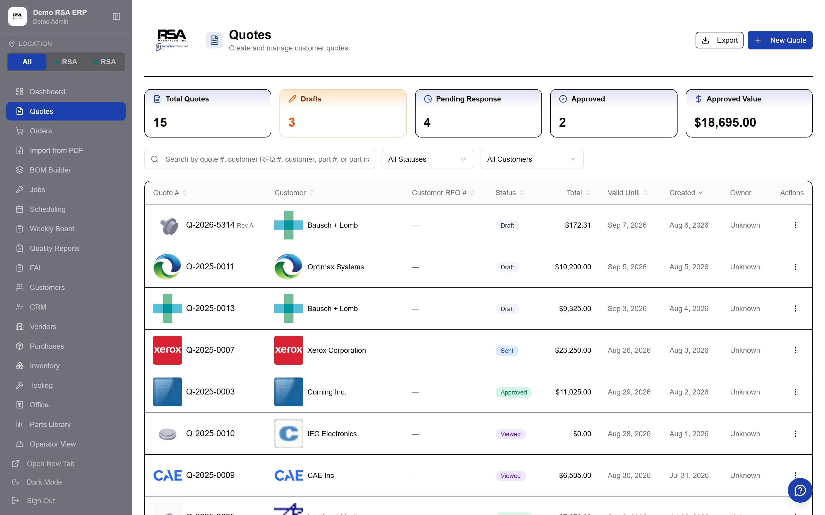 Live quotes — draft, viewed, and approved, with per-customer values
